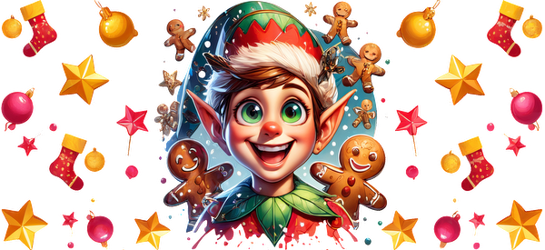 A cheerful elf with big eyes and a bright smile surrounded by festive decorations like gingerbread cookies, stars, and ornaments.UV Transfers dtf transfers