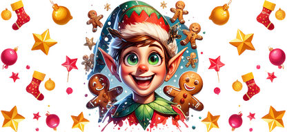 A cheerful elf with big eyes and a bright smile surrounded by festive decorations like gingerbread cookies, stars, and ornaments.UV Transfers dtf transfers