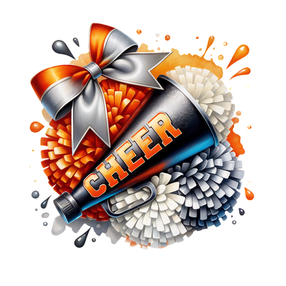 A vibrant cheerleading design featuring a decorated megaphone, colorful pom-poms, and a stylish bow, exuding excitement and team spirit.DTF Transfers dtf transfers