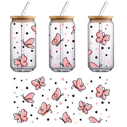 A whimsical pattern of pink butterflies with delicate outlines, set against a contrasting background. Perfect for a cheerful design!UV Transfers dtf transfers