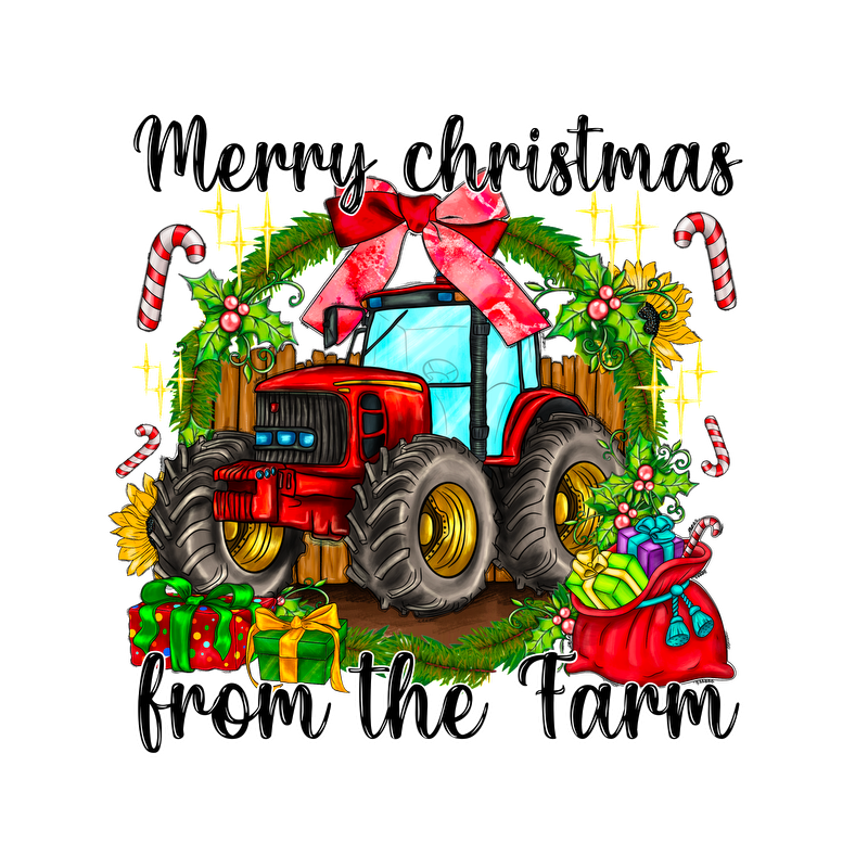 Festive farm-themed design featuring a red tractor adorned with a big bow, surrounded by holiday greenery, gifts, and candy canes.DTF Transfers heat press transfers heat press transfers