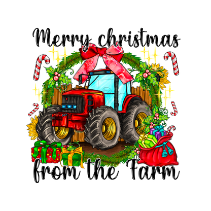 Festive farm-themed design featuring a red tractor adorned with a big bow, surrounded by holiday greenery, gifts, and candy canes.DTF Transfers heat press transfers heat press transfers