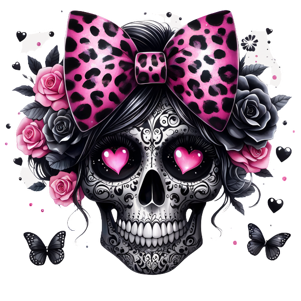 A beautifully decorated skull featuring a pink leopard print bow, surrounded by vibrant roses and butterflies, exuding a playful vibe. heat press transfers