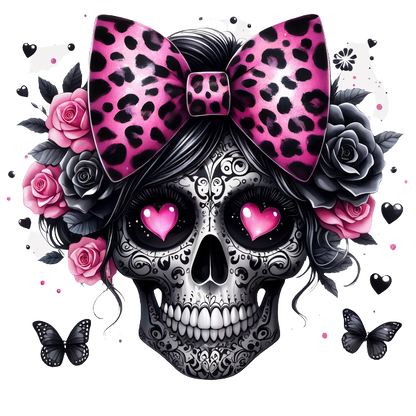 A beautifully decorated skull featuring a pink leopard print bow, surrounded by vibrant roses and butterflies, exuding a playful vibe. heat press transfers