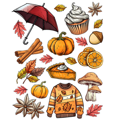 A vibrant autumn-themed collage featuring pumpkins, cozy sweaters, pie, cinnamon sticks, leaves, and festive treats, celebrating the season. dtf prints dtf transfers