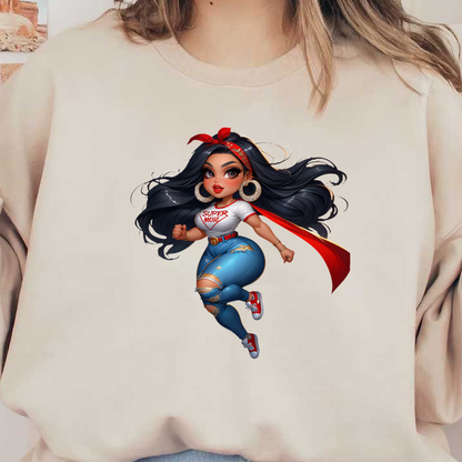 Un personaje de dibujos animados inspirado en superhéroes con cabello largo, vistiendo una camiseta de “SUPER MAMÁ”, jeans rotos y una capa roja vibrante.