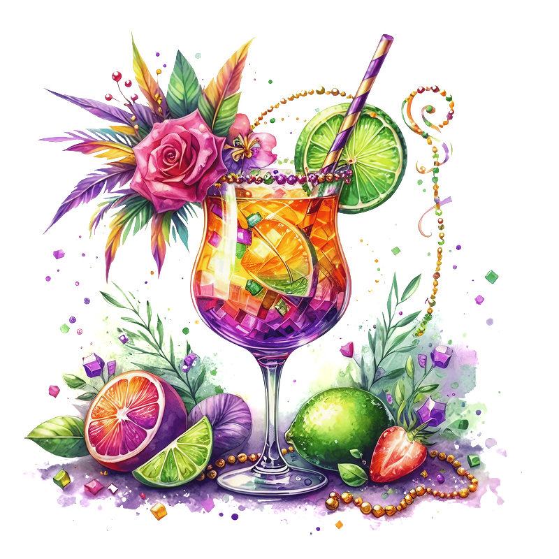 Vibrant cocktail adorned with fresh fruits and colorful flowers, presented in an elegant glass with a playful straw.DTF Transfers