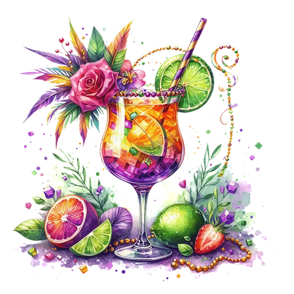 Vibrant cocktail adorned with fresh fruits and colorful flowers, presented in an elegant glass with a playful straw.DTF Transfers