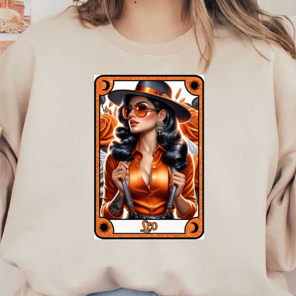 Una elegante ilustración de una mujer con cabello oscuro y suelto, vestida con un atuendo naranja y gafas de sol, sobre un fondo de rosas vibrantes.