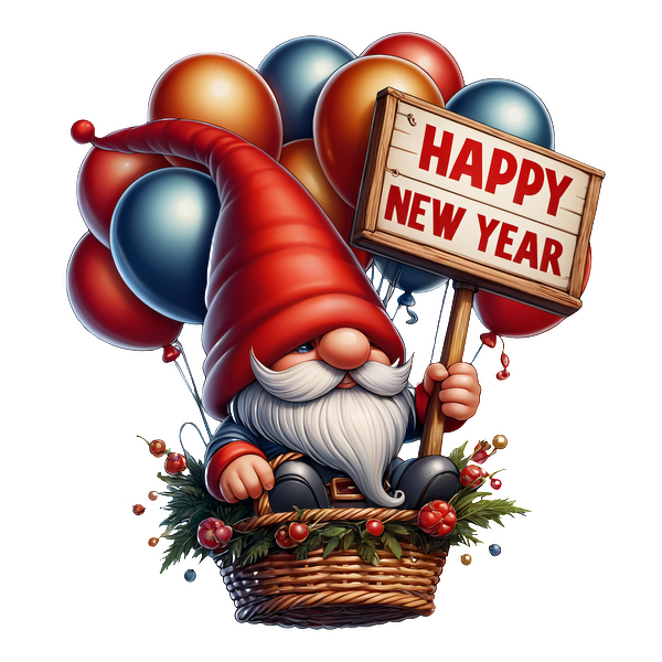 A cheerful gnome in a basket floats with colorful balloons, holding a sign that says "Happy New Year!" dtf transfers