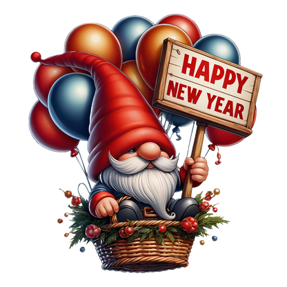 A cheerful gnome in a basket floats with colorful balloons, holding a sign that says "Happy New Year!" dtf transfers