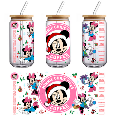 Festively designed "Minnie Christmas Coffee" banner featuring Minnie Mouse in holiday attire surrounded by gifts and seasonal icons.UV Transfers heat press transfers