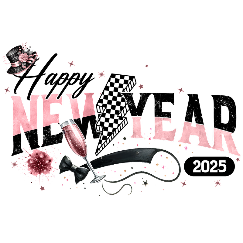 Celebrate 2025 with this vibrant "Happy New Year" design featuring festive elements like a champagne glass, bowtie, and sparkles!DTF Transfers heat press transfers