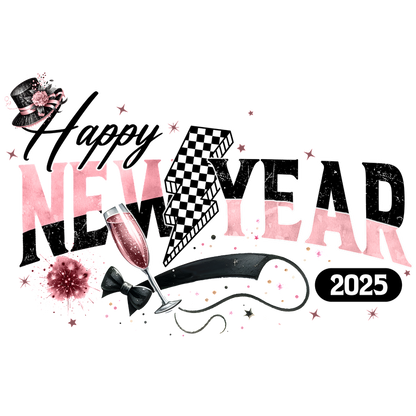 Celebrate 2025 with this vibrant "Happy New Year" design featuring festive elements like a champagne glass, bowtie, and sparkles!DTF Transfers heat press transfers