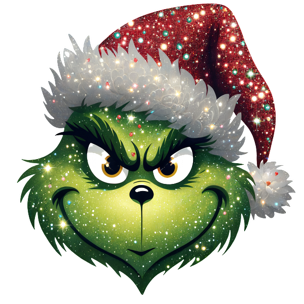 A festive illustration of the Grinch wearing a sparkly Santa hat, exuding mischief and holiday cheer.DTF Transfers dtf prints