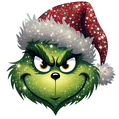 A festive illustration of the Grinch wearing a sparkly Santa hat, exuding mischief and holiday cheer.DTF Transfers dtf prints