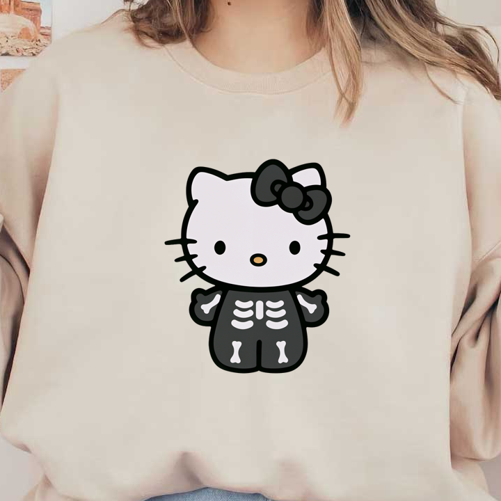 Meet Hello Kitty in a cute skeleton outfit, featuring a black bow, perfect for a playful Halloween vibe!DTF Transfers dtf transfers