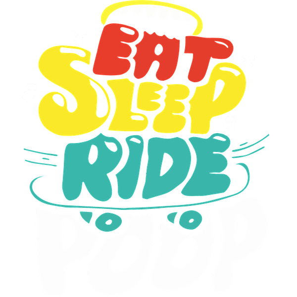 Un gráfico colorido y divertido que presenta la frase "Eat Sleep Ride Poop", ¡perfecto para un estilo de vida divertido y gracioso!