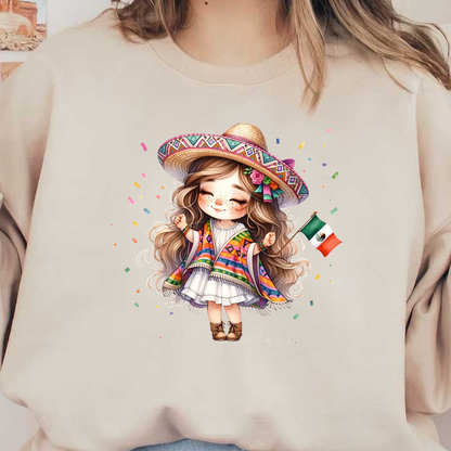 A cheerful girl in a colorful poncho and sombrero, holding a Mexican flag, celebrating with festive spirit. dtf transfers