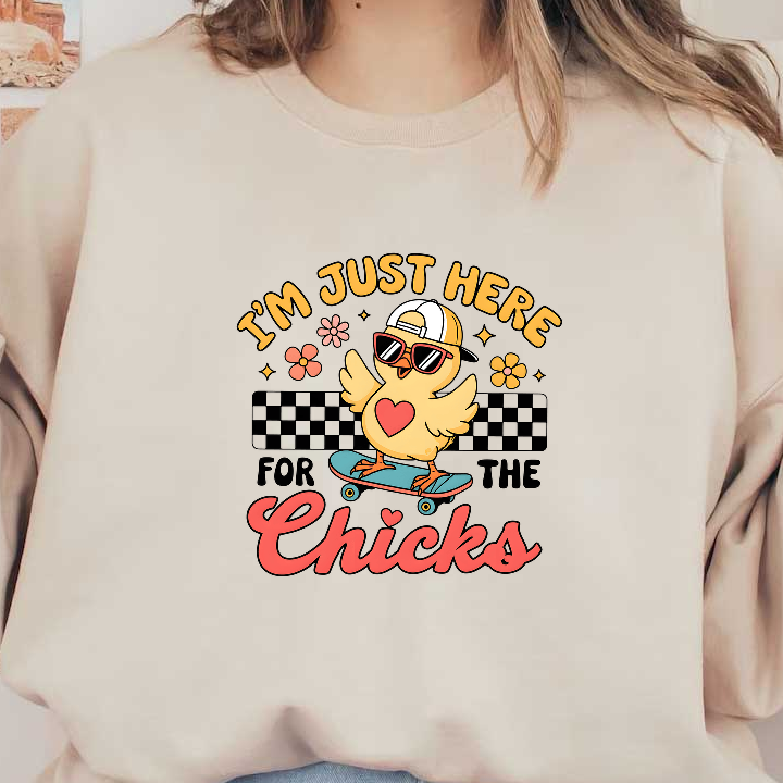 A cute cartoon chick wearing sunglasses and a cap rides a skateboard, accompanied by playful text about attracting attention.DTF Transfers