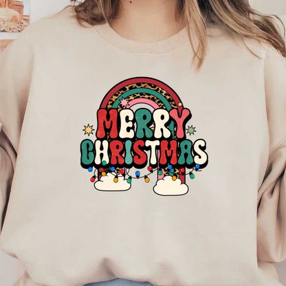 Vibrant holiday graphic featuring a playful "Merry Christmas" message with colorful lights and a cheerful rainbow design.