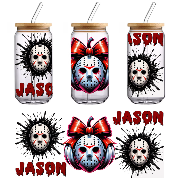 A vibrant graphic featuring Jason's iconic hockey mask adorned with a bow, surrounded by striking, edgy designs and bold text.UV Transfersdtf regular iron