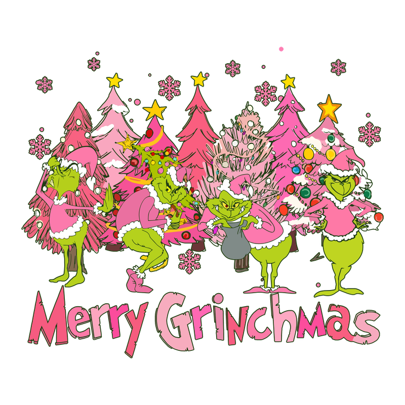 Celebrate the holiday spirit with whimsical Grinch characters amidst vibrant pink Christmas trees, cheerfully wishing "Merry Grinchmas!"DTF Transfers dtf transfers dtf transfers