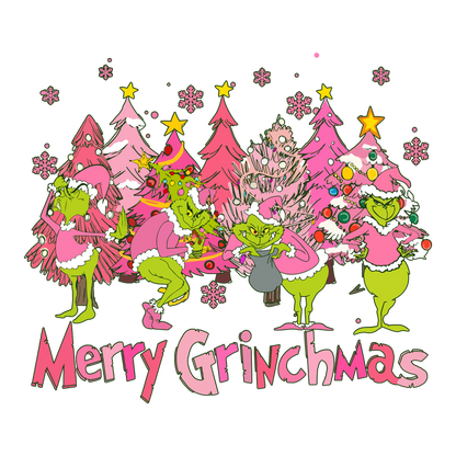 Celebrate the holiday spirit with whimsical Grinch characters amidst vibrant pink Christmas trees, cheerfully wishing "Merry Grinchmas!"DTF Transfers dtf transfers dtf transfers