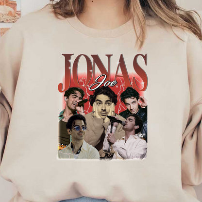 A vibrant collage featuring Joe Jonas in various styles, showcasing his charisma and talent with a bold “JONAS” theme.DTF Transfers dtf prints