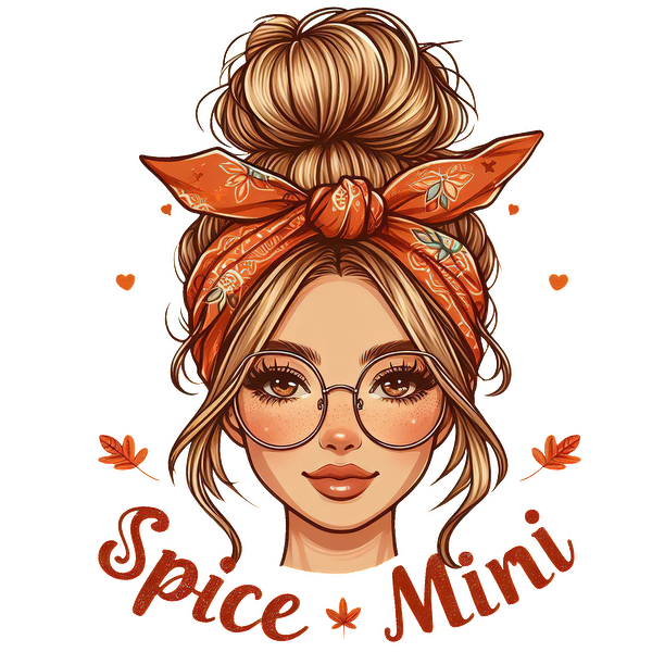 A stylish illustration of a woman with a bun and orange headband, featuring the text "Spice Mini" in a playful design. heat press transfers