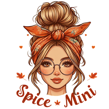 A stylish illustration of a woman with a bun and orange headband, featuring the text "Spice Mini" in a playful design. heat press transfers