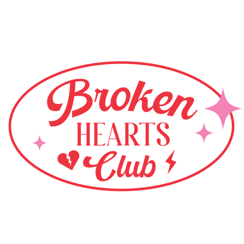 A playful badge featuring the text "Broken Hearts Club" in bold red with sparkling stars and a heart, perfect for expressing love and heartbreak.DTF Transfers