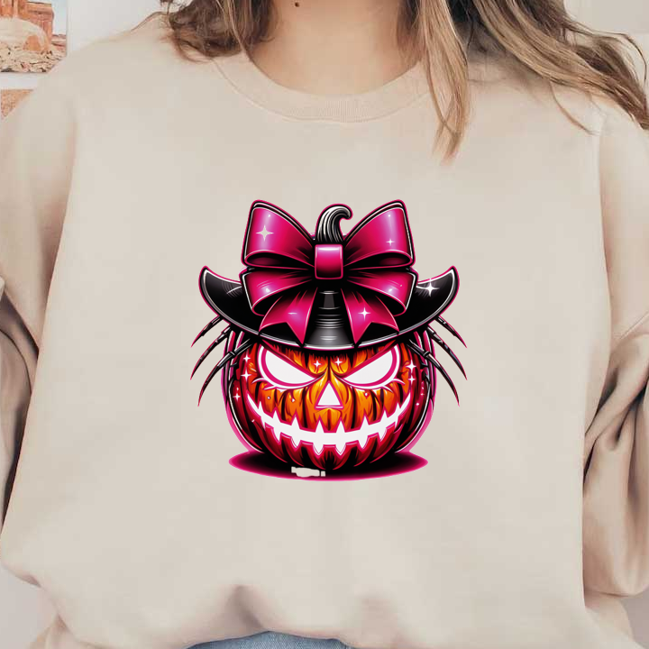 A whimsical Halloween pumpkin featuring a vibrant pink bow and hat, with sinister eyes and spider accents for a playful scare. dtf prints