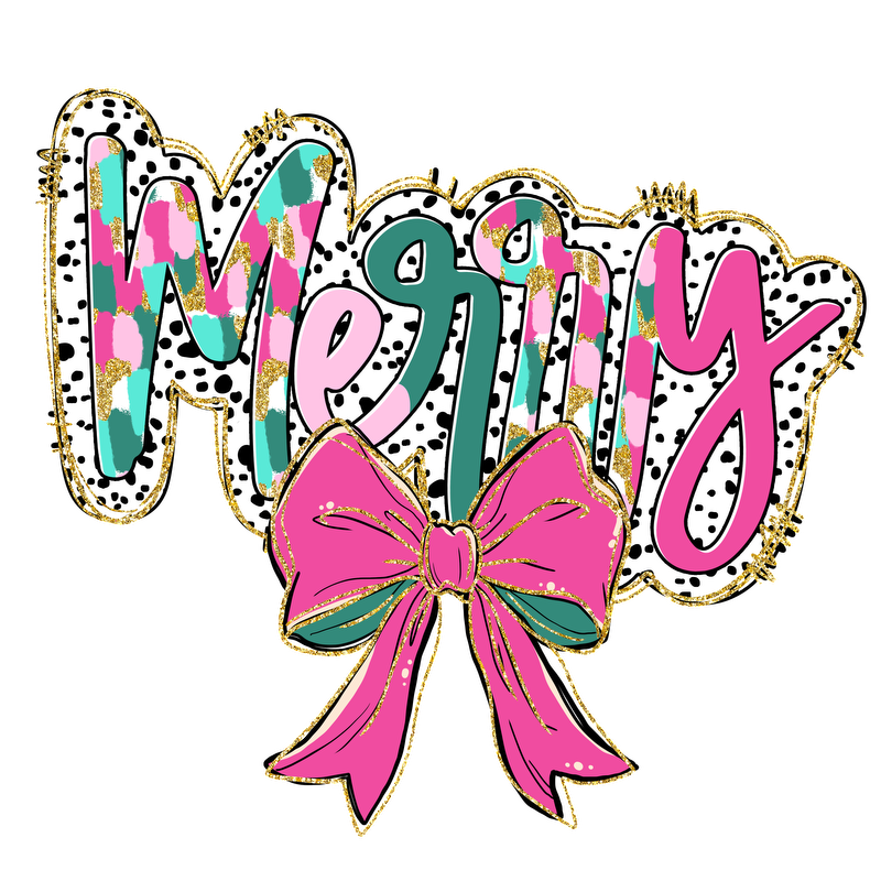 A vibrant "Merry" design adorned with colorful patterns and a cheerful pink bow, perfect for festive celebrations!DTF Transfers