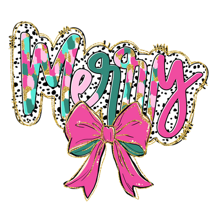 A vibrant "Merry" design adorned with colorful patterns and a cheerful pink bow, perfect for festive celebrations!DTF Transfers