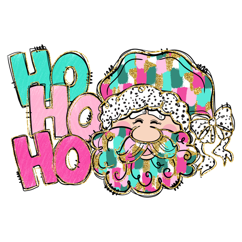 A whimsical illustration of a cheerful Santa with a colorful hat and playful "Ho Ho Ho" text, perfect for holiday cheer!DTF Transfers