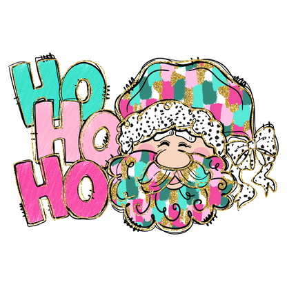 A whimsical illustration of a cheerful Santa with a colorful hat and playful "Ho Ho Ho" text, perfect for holiday cheer!DTF Transfers