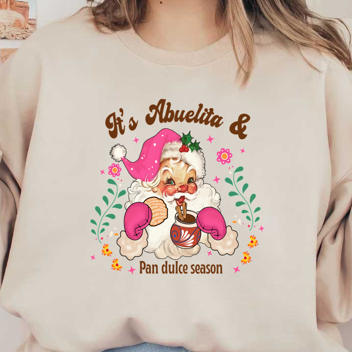 Celebrate the holiday spirit with this adorable illustration of a cheerful Santa-style abuelita, embracing the sweet "Pan Dulce" season!DTF Transfersdtf regular iron dtf prints