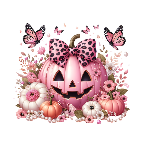 A whimsical pink pumpkin with a leopard print bow, surrounded by pastel flowers and butterflies, perfect for festive charm. dtf prints