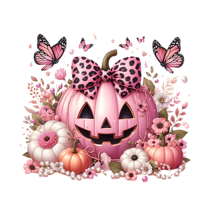 A whimsical pink pumpkin with a leopard print bow, surrounded by pastel flowers and butterflies, perfect for festive charm. dtf prints