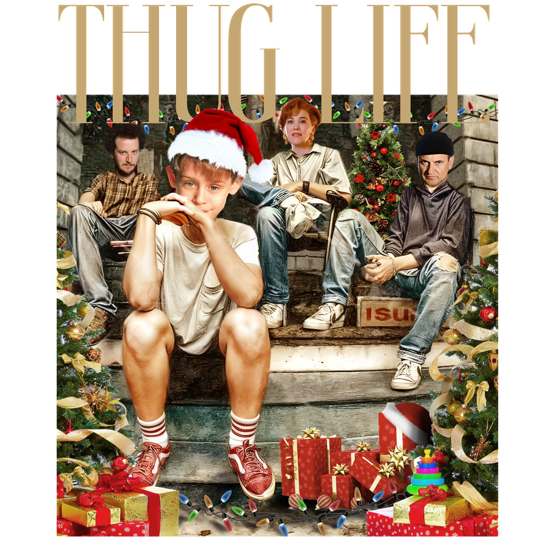 A festive holiday-themed image featuring a group of friends sitting on stairs, surrounded by decorations and colorful presents, with a playful "Thug Life" caption.DTF Transfersdtf regular iron dtf prints