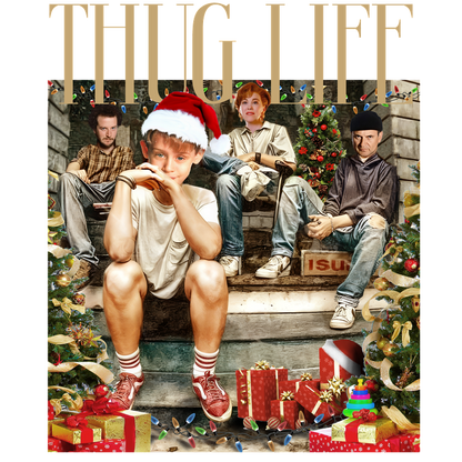 A festive holiday-themed image featuring a group of friends sitting on stairs, surrounded by decorations and colorful presents, with a playful "Thug Life" caption.DTF Transfersdtf regular iron dtf prints