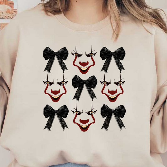 A playful pattern featuring mischievous faces with bold expressions and ornate black bows, perfect for a spooky or festive theme. heat press transfers