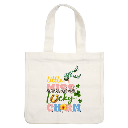 Whimsical "Little Miss Lucky Charm" design featuring playful text, leopard patterns, shamrocks, and a mischievous leprechaun's green-striped legs.