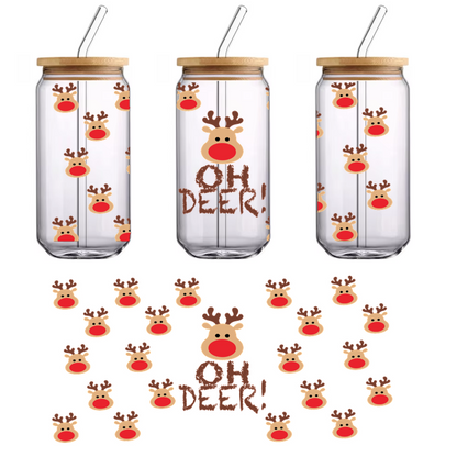 A fun and whimsical holiday design featuring cartoon reindeer heads and the playful phrase "OH DEER!" scattered throughout.UV Transfers dtf prints