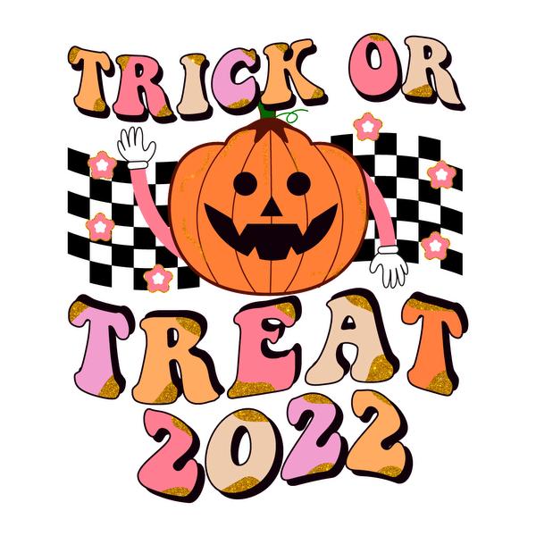 Diseño festivo "Trick or Treat 2022" que presenta una alegre calabaza con brazos, rodeada de estrellas coloridas y texto divertido.