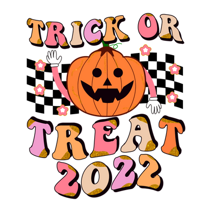 Diseño festivo "Trick or Treat 2022" que presenta una alegre calabaza con brazos, rodeada de estrellas coloridas y texto divertido.