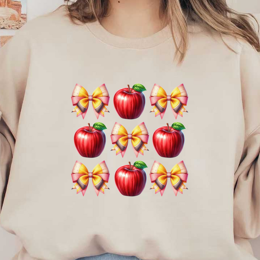 A vibrant arrangement of glossy red apples and colorful bows, creating a playful and cheerful pattern perfect for decorations.DTF Transfers