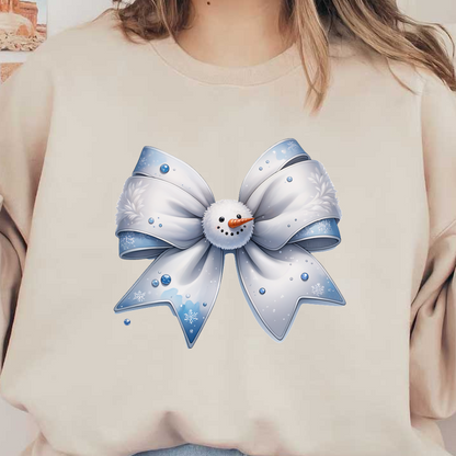 This charming snowman-themed bow features soft white and blue ribbons adorned with snowflakes, perfect for festive decorations.