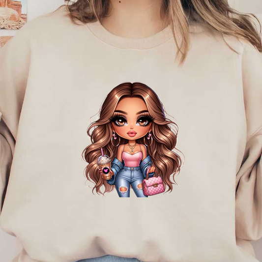 Charming animated girl with wavy hair, styled in casual denim, holding a drink and a pink handbag, radiating confidence.dtf regular iron